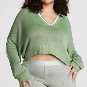 PINK Victoria's Secret Sage Green V-Neck Polo Sweater with White Trim